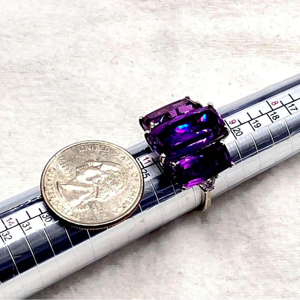 Huge Color Change Lab Sapphire Trilogy Cocktail Ring. Platinum over Sterling - Picture 9 of 16